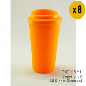 VASO TERMICO DE PLASTICO CAFE TIPO STARBUCKS NARANJA 300 CC X 8